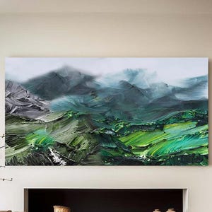 Original Mountain Oil Painting on Canvas 3D Green Wall Art Minimalist Landscape Oil Painting Abstract Texture Green Wall Art Large Wall Art