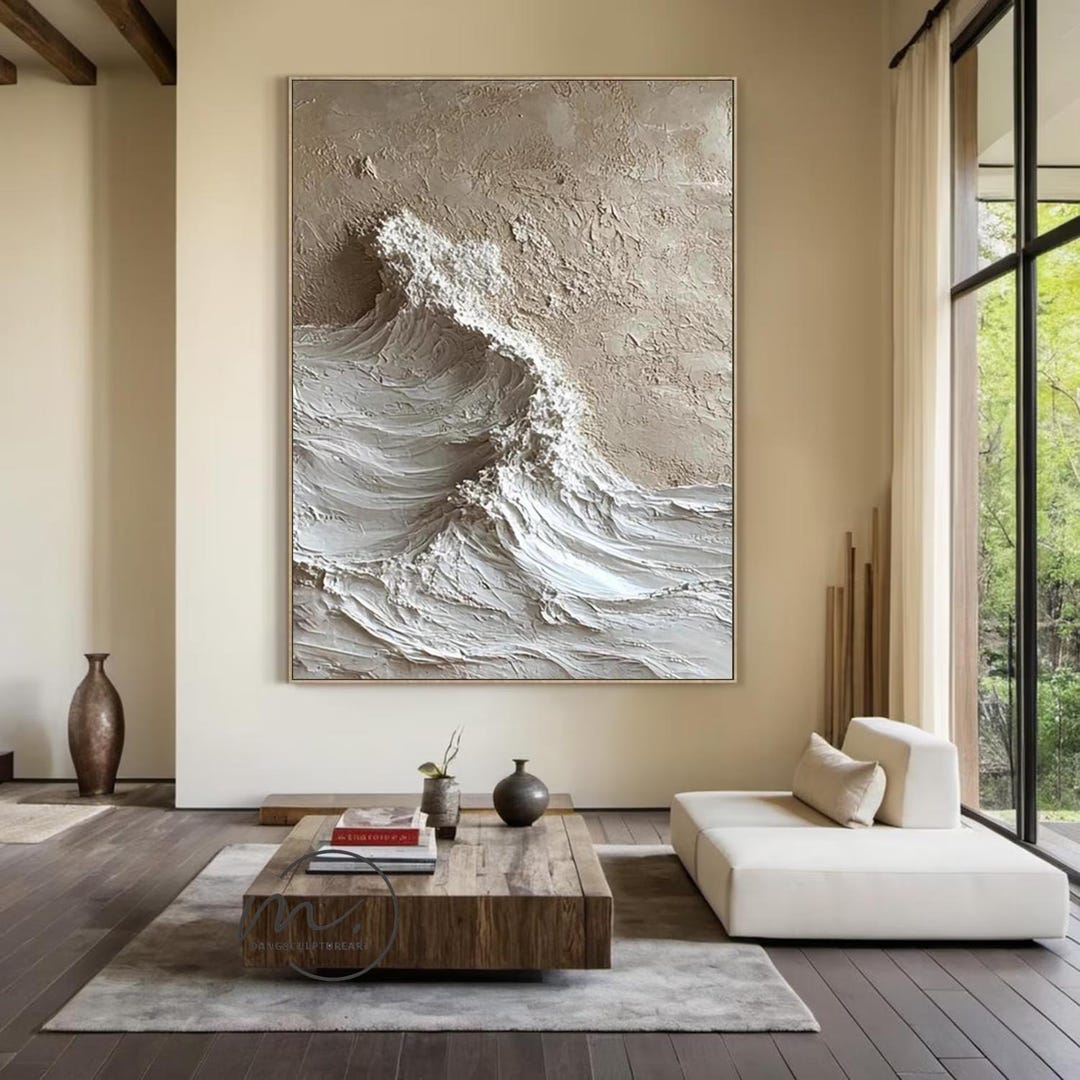 Ocean Waves Painting Beige 3D Textured Wall Art Beige Textured Abstract ...