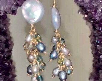 Blue Topaz Crystal Drop Freshwater Peal Cluster Earrings