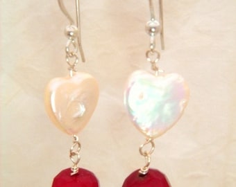 Freshwater Heart Pearl and Faceted Coral Earrings