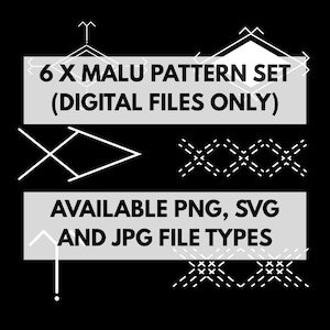May include: Black and white graphic with the text "6 X MALU PATTERN SET (DIGITAL FILES ONLY)" and "AVAILABLE PNG, SVG AND JPG FILE TYPES". The image includes geometric shapes and patterns.