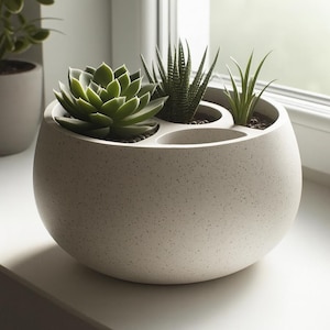 Puede incluir: Una maceta redonda, moteada, de color gris claro, con tres secciones, cada una con una suculenta diferente. Las suculentas son de varios tonos de verde. La maceta está sobre un alféizar blanco.