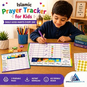 May include: An Islamic Prayer Tracker for Kids, featuring a child using a purple pen to mark a chart. The chart includes days of the week and prayer times. The image also shows colorful stars, a small plant, and the text "Build Good Habits Every Day."