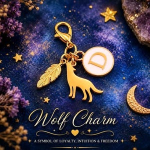 May include: A gold-toned metal charm featuring a lobster clasp, a detailed feather pendant, a howling wolf silhouette, and a circular white enamel disc with the letter D in the center. The charm is displayed against a dark blue starry background.