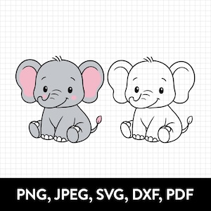 Könnte beinhalten: Zwei Darstellungen eines Cartoon-Elefanten, eine in Grau mit rosa Ohren und Schwanz, die andere als Schwarz-Weiß-Umriss. Beide sitzen und lächeln. Der Text PNG, JPEG, SVG, DXF, PDF befindet sich am unteren Bildrand.