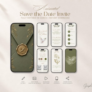 Pode incluir: Um modelo de convite digital animado para salvar a data em dispositivos móveis. O design apresenta um envelope verde sálvia com um selo de cera dourado, detalhes florais e várias telas exibindo detalhes do evento, RSVP e códigos QR.