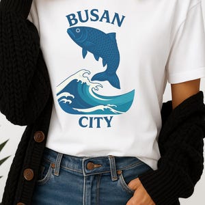 Korean T-shirt Busan City.Fish T-Shirt.Coastal Vibe Tee.Beachwear.Unisex T-Shirt.Gift for him/her,korean design.minimalist.korea lover