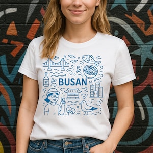 Korean Busan Adventure Unisex T-Shirt, Travel Gift, City Souvenir, Casual Tee, Korean Culture Apparel, Graphic Tee, doodle art, kpop kdrama