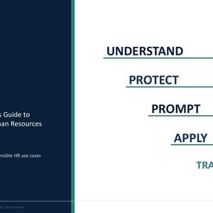 Peut inclure: Une couverture de manuel intitulée AI FOR HR : A Practical Beginner’s Guide to Generative AI in Human Resources. Le panneau gauche bleu foncé présente du texte blanc, tandis que le panneau droit blanc liste les étapes : UNDERSTAND, PROTECT, PROMPT, APPLY, TRANSFORM.