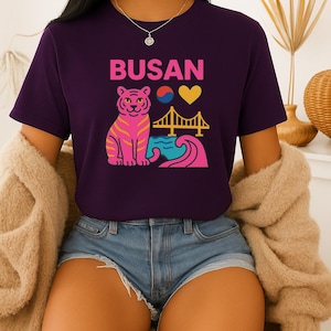 Korean Busan Graphic T-Shirt. Cute pink Tiger Tee.Gift for Travelers.Kpop gift.Beach wear.Korean Design.Korean City Souvenir.Busan City Tee