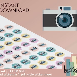 Pegatinas de iconos imprimibles – CÁMARA – Pegatinas redondas pastel para planificador (PDF) – 56 puntos por hoja – Descarga instantánea (PDF)