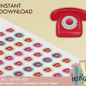 Pegatinas de iconos imprimibles – Teléfono – Pegatinas redondas pastel para planificador (PDF) – 56 puntos por hoja – Descarga instantánea en PDF