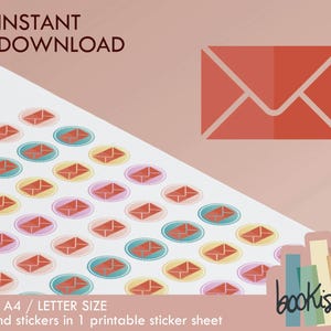 Pegatinas de iconos imprimibles: correo, sobre, carta y finanzas. Pegatinas redondas pastel para planificador (PDF). 56 puntos por hoja. Descarga instantánea en PDF.