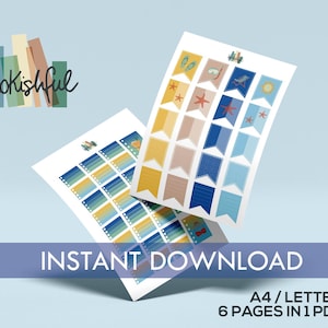 Kit de pegatinas imprimibles para planificador: más de 300 pegatinas de vacaciones de verano en la playa para diarios, planificadores y álbumes de recortes. 6 páginas (PDF, descarga instantánea).