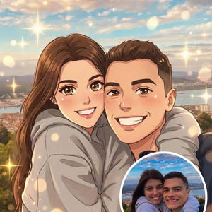 May include: Digital illustration of a smiling couple embracing, with a smaller photo of the couple in a circle at the bottom. The background features a city and a sky with sparkling lights.