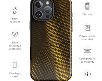 Capa de iPhone em fibra de carbono dourada – Textura tecida 3D de luxo brilhante, capa fina à prova de choque