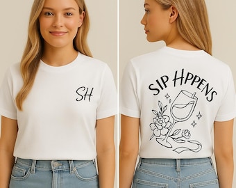 Camiseta de algodão orgânico "Sip Happens" - Camiseta divertida com estampa de vinho