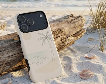 Capa minimalista para iPhone com tema de praia – Arte com palmeiras e linhas oceânicas, capa para celular com tema de verão costeiro