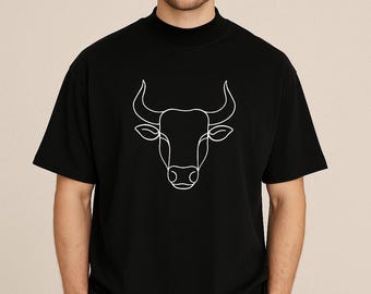 Camiseta preta orgânica | Arte minimalista com linhas de cabeça de touro, unissex