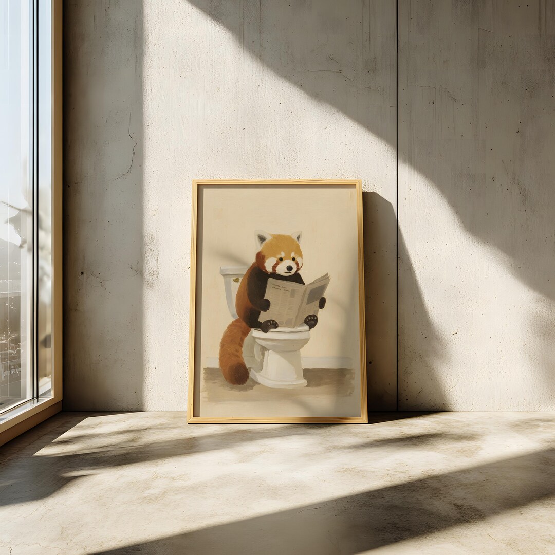 Funny Red Panda Reading on Toilet Wall Art: Cute Bathroom Decor ...