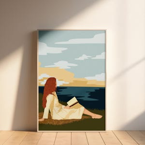 Pôster para impressão “Pôr do Sol e Solidão” – Mulher desenhada à mão com livro à beira-mar | Arte de parede digital A4 e A3 | Sem IA