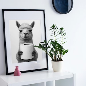Tier Poster Alpaka Jones mit Klopapier – lustiges Schwarz-Weiß Bild -  digitaler Download