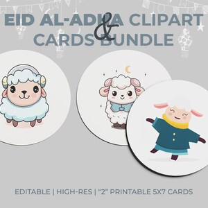 Pacote de clipart e cartões para Eid al-Adha – 3 ilustrações fofas de ovelhas + 2 cartões comemorativos 5x7 para impressão – Conjunto digital para feriados islâmicos