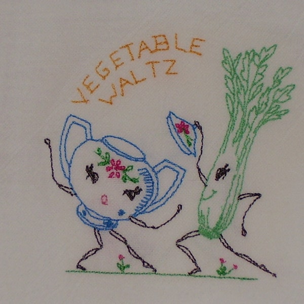 Dancing Vegetables Flour Sack Towels, Kitchen Tea Cup Towels, Embroidered, Retro, ON SALE !!!