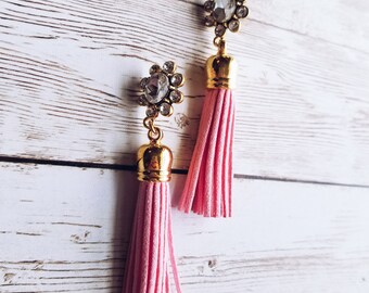 Crystal Pink Tassel Earrings
