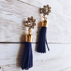 Crystal Navy Tassel Earrings