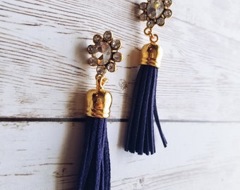 Crystal Navy Tassel Earrings