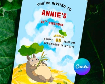 Totoro Birthday Invitation Template: Ghibli Inspired, Editable Canva (Digital Download A5/5x7")