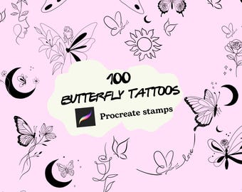 Procreate butterfly tattoo stamp brushes, Procreate brushes, Procreate tattoo brushes, fine line floral tattoo brushes, butterfly tattoos