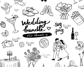Wedding SVG PNG Clipart Bundle with Illustrations, Icons, Doodles for Wedding Invitations, Menu, Bridal Invites