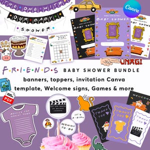 Può includere: Un pacchetto per baby shower a tema viola, con banner, inviti e giochi. Il design incorpora elementi della serie TV "Friends", tra cui l'iconico divano e il logo. Include topper, cartelli di benvenuto e biglietti di ringraziamento.