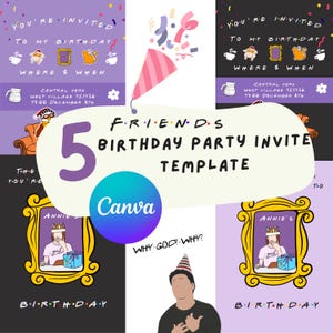 Pacote de Modelos de Convite de Aniversário com Tema de Amigos | Modelos Editáveis do Canva | Convite Digital para Festa (5 Modelos)