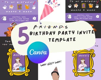 Friends Birthday Invitation Template  | 5 Editable Canva Birthday Party Invites | Digital Download, DIY birthday, Birthday template bundle