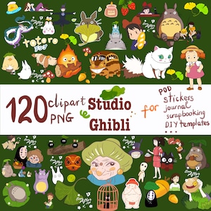 以下が含まれることがあります： 120点のスタジオジブリのクリップアート画像をPNG形式で収録。トトロ、キキ、カオナシなど、様々なジブリ作品のキャラクターが登場。画像には「PODステッカー、ジャーナル、スクラップブッキング、DIYテンプレート」と書かれています。