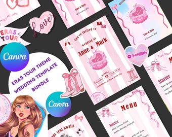 Swiftie Wedding Template Bundle | Eras Tour Inspired Canva Templates | Editable Invitation, Welcome Sign, Seating Chart, Menu, DIY Wedding