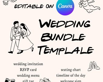 WEDDING BUNDLE Template, Save the date, Menu, RSVP Card, Welcome signage, Editable Canva Template, Illustrated Wedding Stationery Bundle