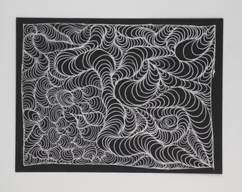 Dibujo abstracto original de 8x6 pulgadas – Dibujo orgánico repetitivo a tinta – Decoración de pared moderna minimalista con efecto mareal RA_BW-2025-0806-005