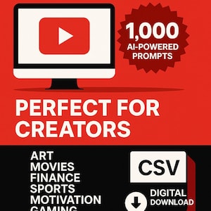 1,000 YouTube Thumbnail Prompts for Creators | AI-Generated CSV Download | Digital Marketing, Gaming, Finance, Art, Motivation