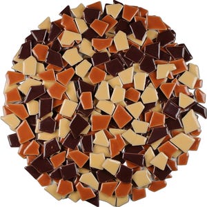 May include: A collection of irregularly shaped ceramic tiles in shades of brown, tan, and cream. The tiles are arranged in a circular pattern, creating a mosaic-like appearance. The color palette is warm and earthy, suitable for various craft projects.
