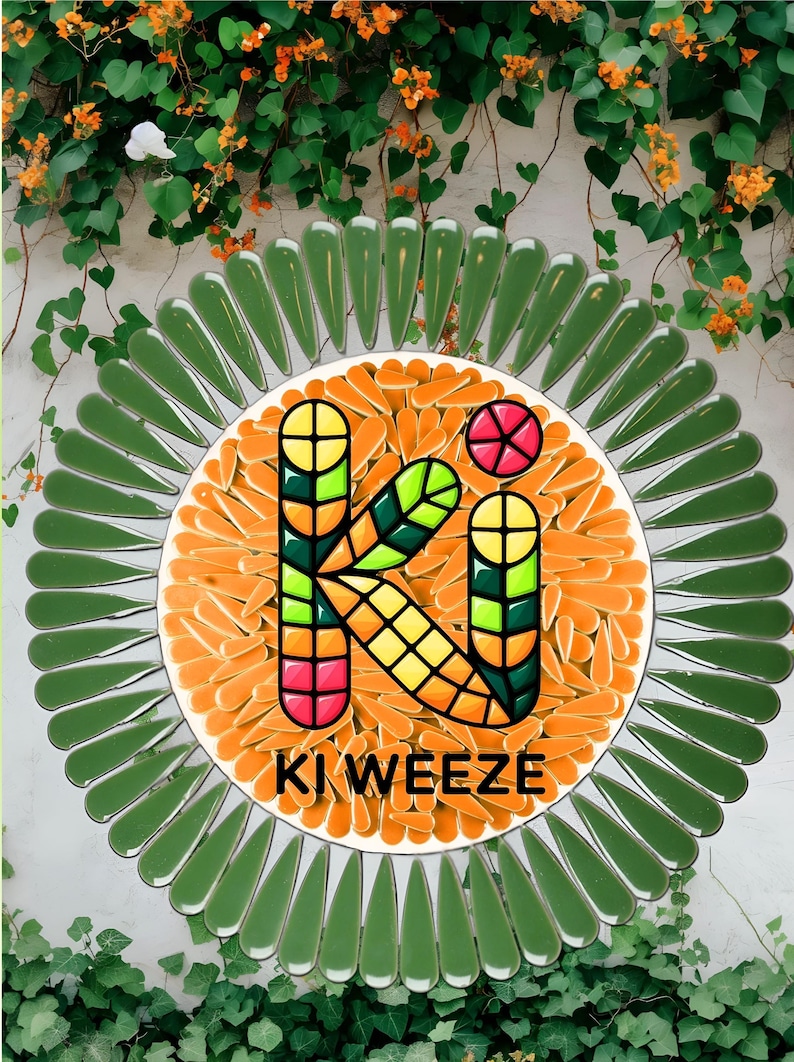 May include: A colorful logo with the text "KI WEEZE" in a vibrant design. The logo features a large "K" composed of various geometric shapes in yellow, green, and red. The logo is surrounded by green leaf-shaped elements and orange shapes.