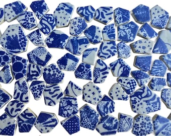Blue & White Glazed Ceramic Mosaic Tiles: 500g Irregular Pieces