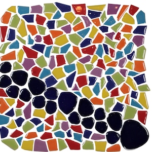May include: A colorful mosaic design featuring irregular shapes in various colors, including blue, green, yellow, red, and purple. The design also incorporates a cluster of dark blue, rounded shapes, creating a vibrant and artistic composition.