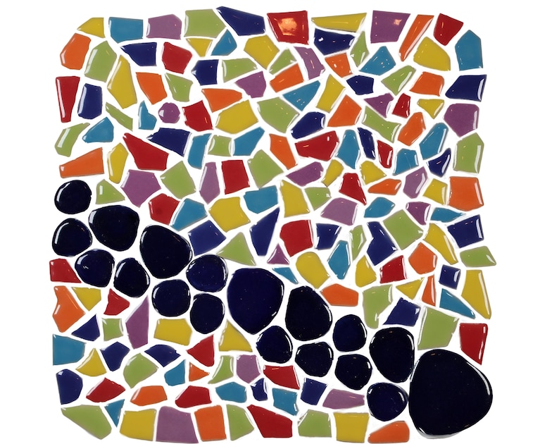 May include: A colorful mosaic design featuring irregular shapes in various colors, including blue, green, yellow, red, and purple. The design also incorporates a cluster of dark blue, rounded shapes, creating a vibrant and artistic composition.