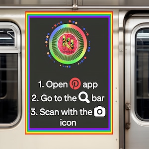 May include: A poster with a rainbow border on a subway car. The poster has a colorful circular design with the text "KI WEEZE" and instructions: "1. Open app, 2. Go to the Q bar, 3. Scan with the icon."