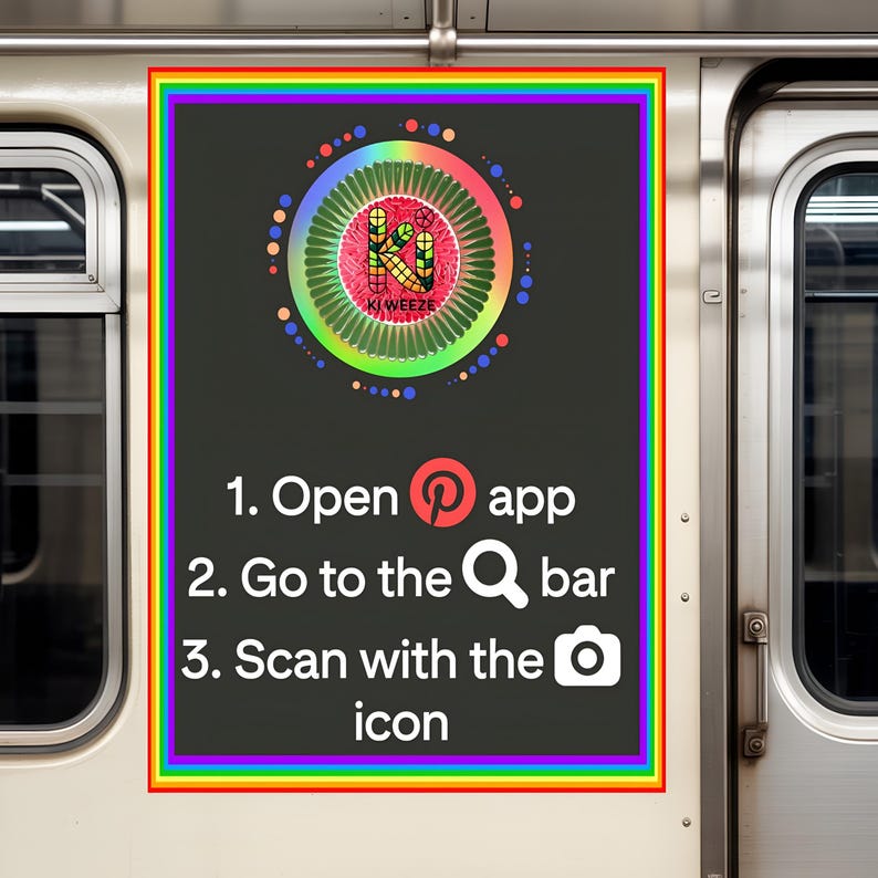 May include: A poster with a rainbow border on a subway car. The poster has a colorful circular design with the text "KI WEEZE" and instructions: "1. Open app, 2. Go to the Q bar, 3. Scan with the icon."
