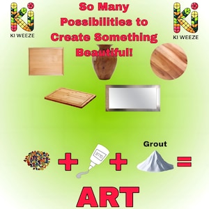 May include: An advertisement with the text "So Many Possibilities to Create Something Beautiful!" features various wooden objects, including cutting boards, a vase, and a round wooden piece. The image also includes a pile of colorful stones, glue, and grout, with the word "ART" at the bottom.